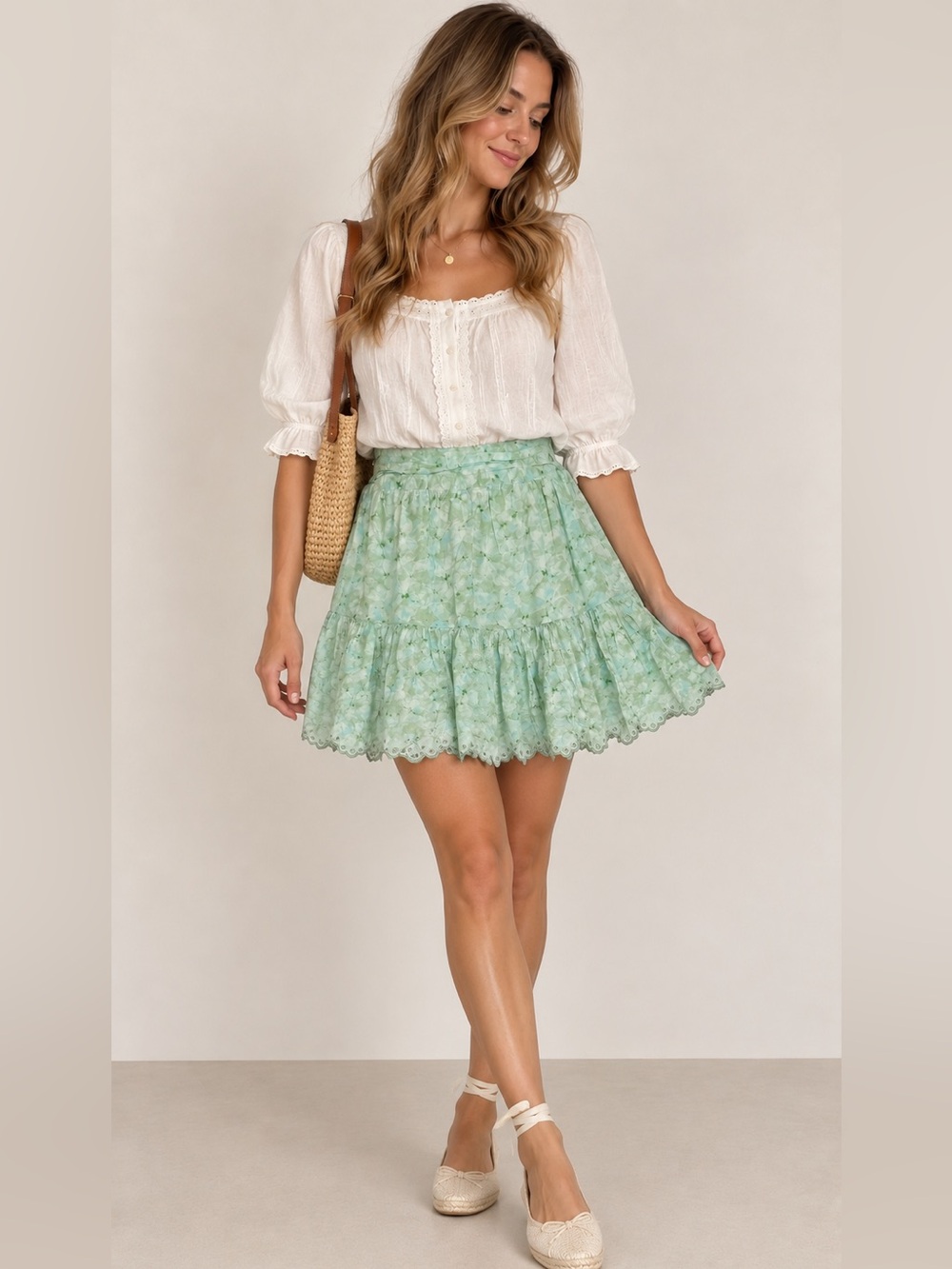 Indi and Cold Cottagecore Mint Green watercolor Floral Ruffle Mini Skirt sz s